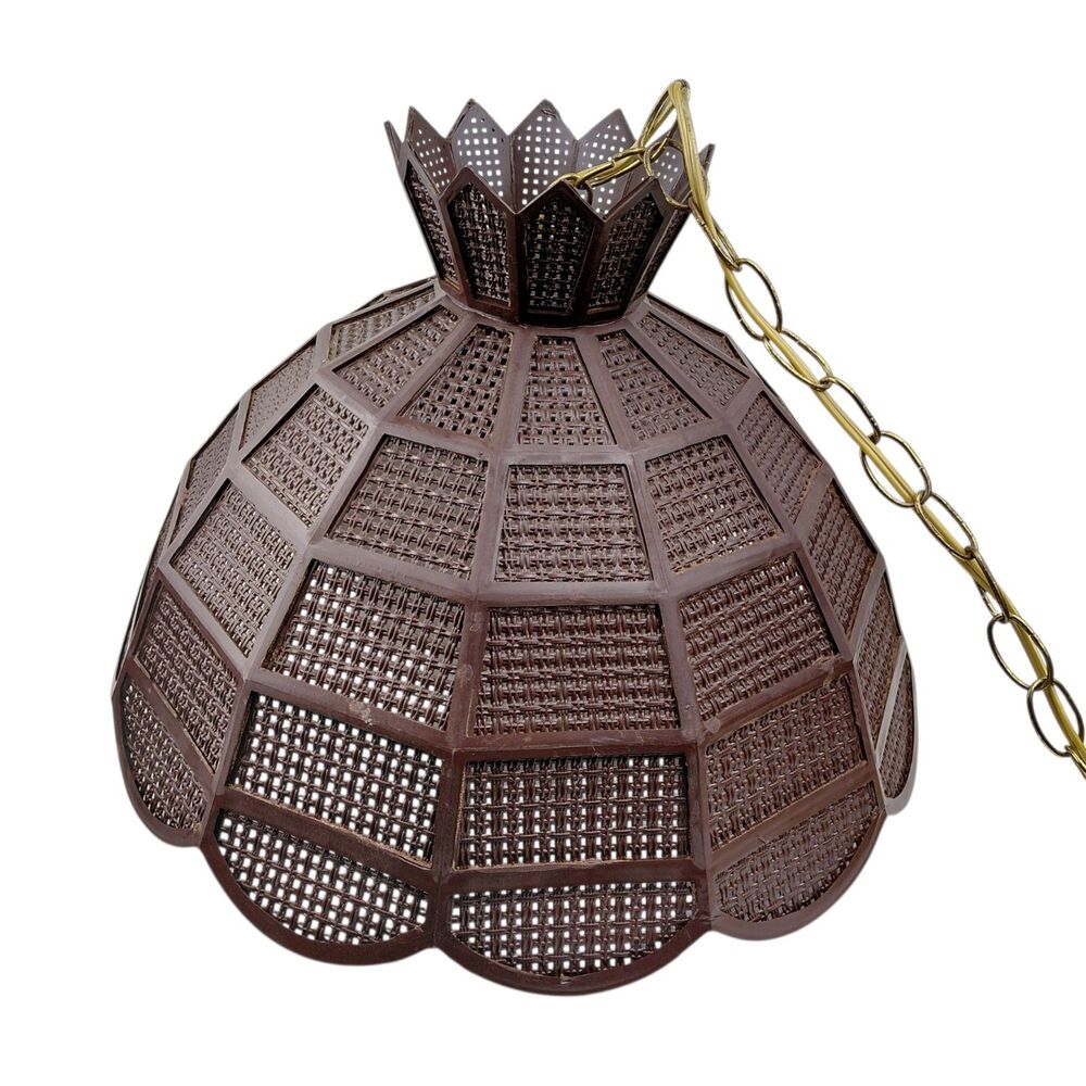 MCM Hanging Swag Lamp Brown Wicker Rattan Shade 12 ft Chain Cord Plug Vtg - Picture 2 of 16